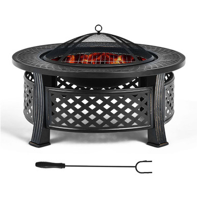 32'' Round Fire Pit Set with Rain Cover, BBQ Grill, Log Grate, and Poker