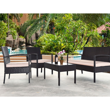 4-Piece Outdoor Rattan Wicker Patio Cushioned Conversation Set