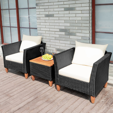 3-Piece Outdoor Patio Black Rattan Wood Chair Set with White Cushions