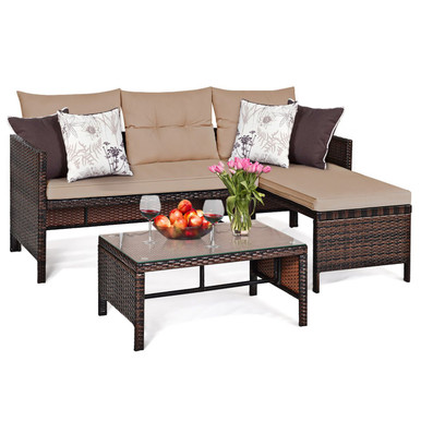 Rattan Outdoor 3-Piece Chaise Sofa Set with Table