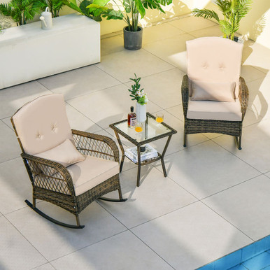 3-Piece Outdoor Hand-Woven PE Rattan Conversation Set with Tempered Glass Table