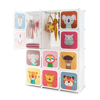 Kids' 12-Cube Wardrobe Closet with Hanging Section and Doors