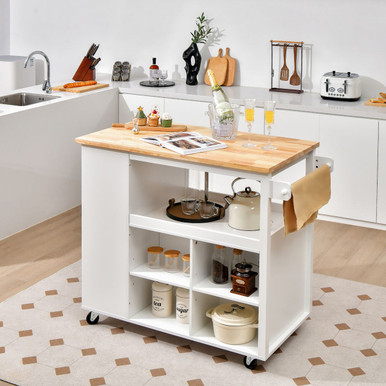 Kitchen Island Trolley Cart on Wheels with Storage, Open Shelves, and Drawer