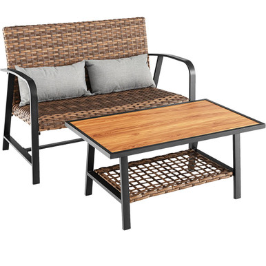 2-Piece Patio Rattan Coffee Table Set with Shelf