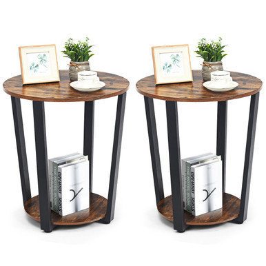 2-Tier Round End Tables with Storage Shelves & Metal Frames (Set of 2)