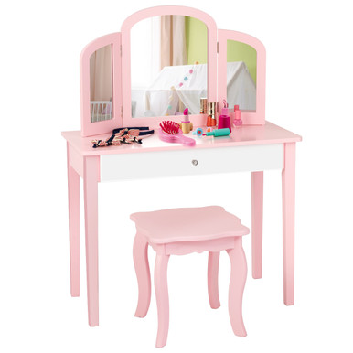 Kids' Princess Make-up Dressing Table with Tri-Folding Vanity Mirror & Chair