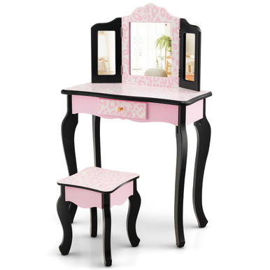 Kids' Vanity Set with Tri-Folding Mirror & Leopard Print