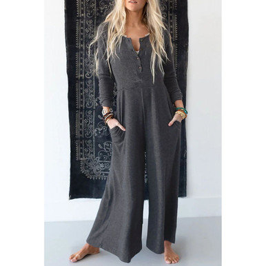 Women's Long Sleeve Wide Leg Jumpsuit - Gray / XL / 85%Polyester+10%Cotton+5%Elastane