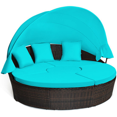 Patio Round Rattan Daybed with Retractable Canopy & Adjustable Coffee Table