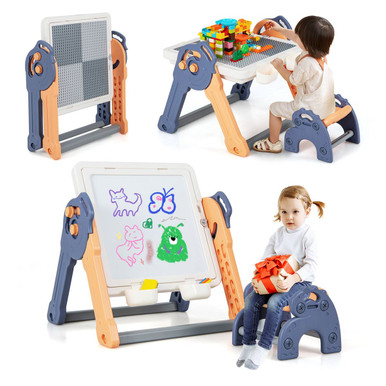 Kids' 6-in-1 Art Easel with Reversible Building Block Tabletop & Chair