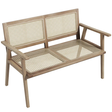 Outdoor Teak Wood Garden Bench with Armrests Rattan Backrest