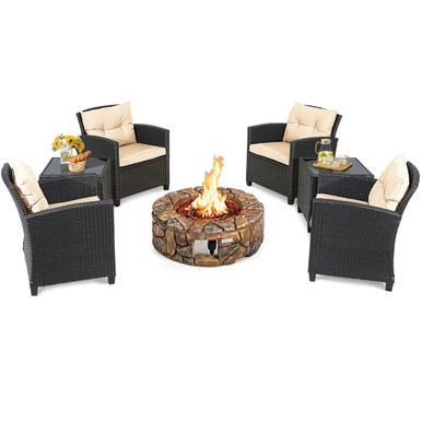 7-Piece Outdoor Wicker Chair Furniture Set with Gas Fire Pit Table
