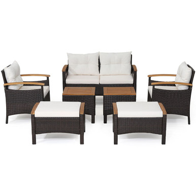 7-Piece Rattan Patio Sofa Set with Acacia Wood Tabletop & Armrests