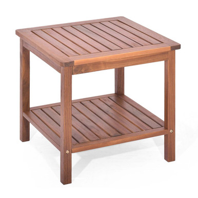 Double-Tier Acacia Patio Side Table with Slatted Tabletop & Shelf