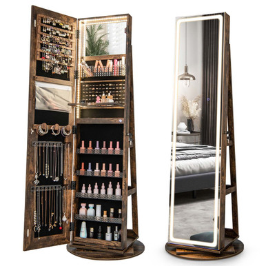 360-Degree Swivel Jewelry Cabinet with LED Lights & Full Length Mirror