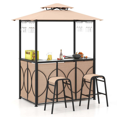 3-Piece Patio Bar Set Grill Gazebo & 2 Barstool with Tempered Glass Bar Table