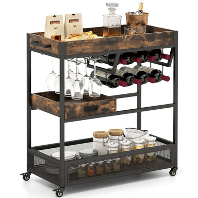 3-Tier Kitchen Island Serving Bar Cart with Glasses Holder & Wine Bottle Rack