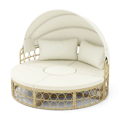 Outdoor Patio Round Daybed with Retractable Canopy and Soft Cushions