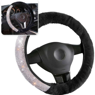 Zone Tech Faux Black Sheepskin Rhinestone Steering Wheel Cover