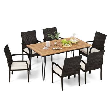 7-Piece Patio Rattan Cushioned Dining Set with Umbrella Hole