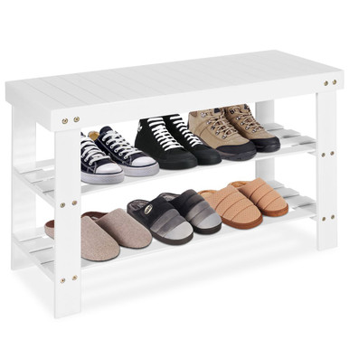 Freestanding Wood Bench with 3-Tier Storage Shelves