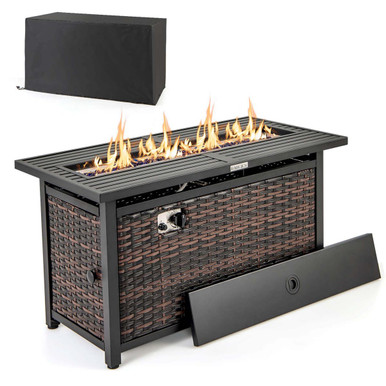 45-Inch Propane Rattan Firepit Table with Glass Stones & Protective Cover