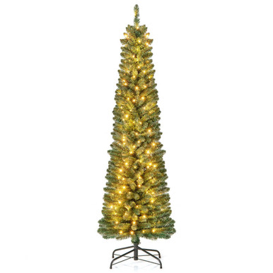 Pencil Christmas Trees with Memory Wire Branch Tips & Warm LED Lights - 6FT Pencil Christmas Tree