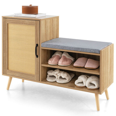 2-in-1 Rattan Shoe Cabinet with Bench & Washable Cushion