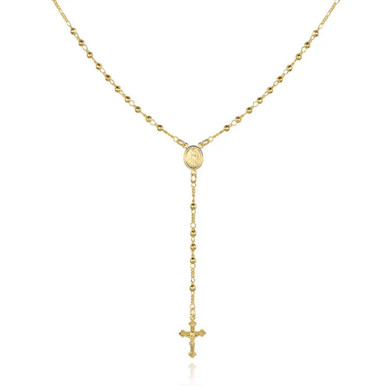 18-Inch 14K Gold Virgin Mary Rosary Bead Cross Necklace