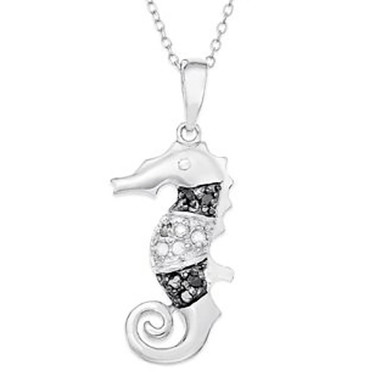 Sterling Silver 1/10ct Genuine Black & White Diamond Seahorse Pendant