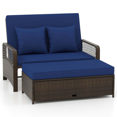 Patio Rattan Daybed Wicker Loveseat Sofa with Ottoman