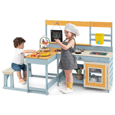 Mud Kitchen with Kids Picnic Table and Built-in Bench Set