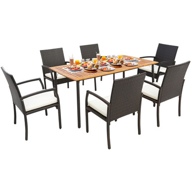 7-Piece Patio Wicker Dining Set with Acacia Wood Tabletop