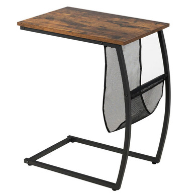 Vintage C-Shaped Sofa Table with Side Pocket & Metal Frame