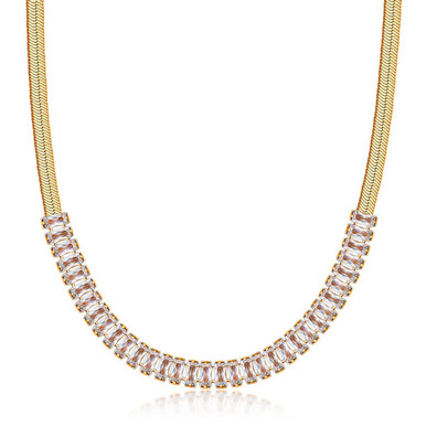 18K Gold Plated Herringbone Chain with Baguette Zirconia Crystals - 20''