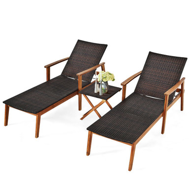 3-Piece Wooden Patio Rattan Chaise Lounge Chair Set
