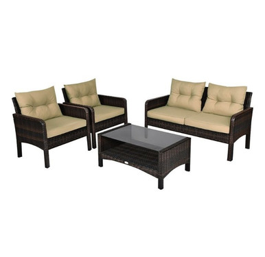 4-Piece Patio Rattan Furniture Set with Loveseat, Chairs, and Table - Coffee