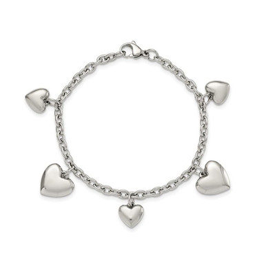8-Inch Stainless Steel Puffed Hearts Charm Bracelet