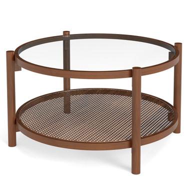 31" Wooden Round Coffee Table with Tempered Glass Top
