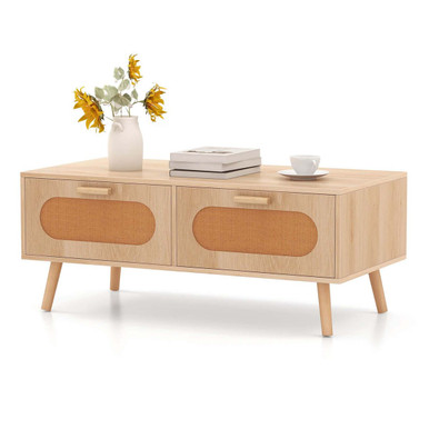 Mid-Century Rattan Coffee Table with 2 Storage Drawers