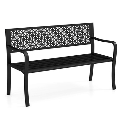 50-inch Garden Bench with Patterned Backrest and Curved Armrests