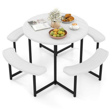 Round Picnic Table Set with 4 Curved Benches and 1.57" Umbrella Hole
