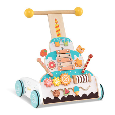 Birthday Cake Wooden Baby Walker with 3-Level Easy-To-Grip Handle