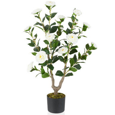 36" Artificial Camellia Tree with Cement Pot - Orange, 2-Pack