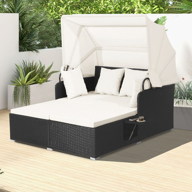 Patio Rattan Daybed Lounger with Retractable Canopy and Pop-up Side Tables