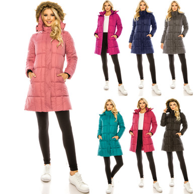 Haute Edition® Women's Mid-Length Puffer Parka Coat with Faux Fur-Lined Hood