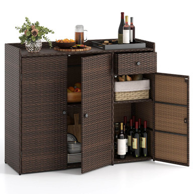 Outdoor PE Wicker Storage Cabinet with 3 Doors and Adjustable Shelves