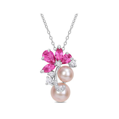 Lab-Created Pink and White Sapphire Pearl Necklace