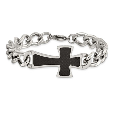 8.5" Mens Stainless Steel Black Carbon Fiber Cross Bracelet