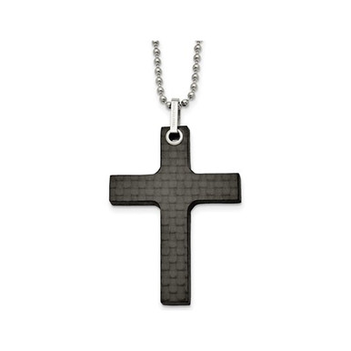 Mens Black Carbon Fiber Cross Pendant Necklace